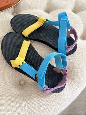 Teva Black Sandals with Blue, Yellow & Purple Straps
